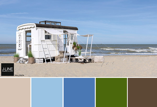 Kleine Hütte an einem Strand, darunter eine grobe Auflistung der vorkommenden Farben.