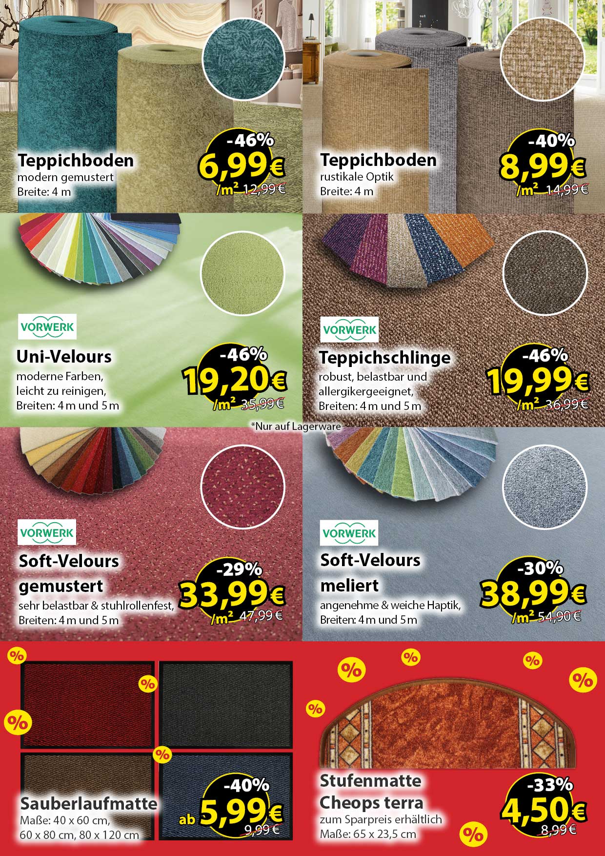 Werbeprospekt von „Schmidt Ihr Ausstatter“ zu den „Black Weeks“. Auf dieser Seite sind Teppichböden, Sauberlaufmatten und Stufenmatten abgebildet.