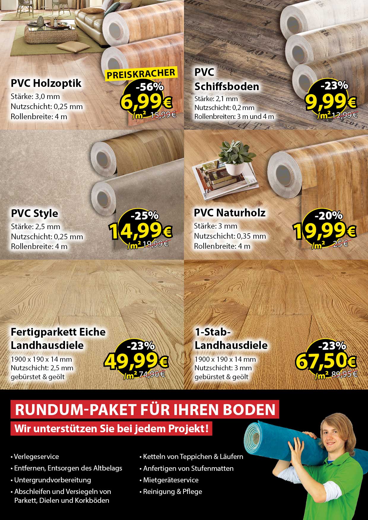 Werbeprospekt von „Schmidt Ihr Ausstatter“ zu den „Black Weeks“. Auf dieser Seite sind PVC- und Parkettböden abgebildet.