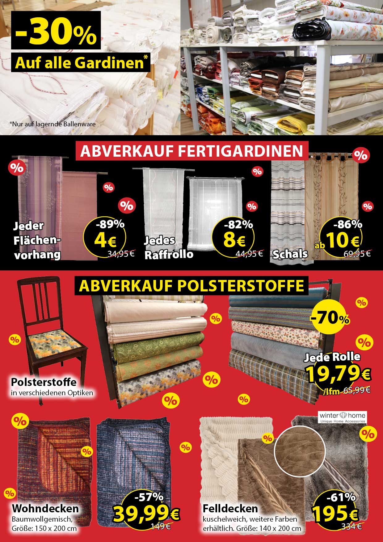 Werbeprospekt von „Schmidt Ihr Ausstatter“ zu den „Black Weeks“. Im Angebot sind Gardinen, Polsterstoffe und Decken