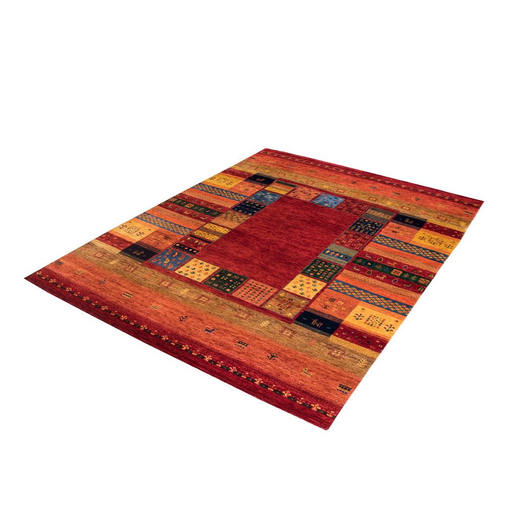 Original Handgeknüpfter Teppich aus Indien Lori MC21 rot Patchwork Muster aus Schurwolle