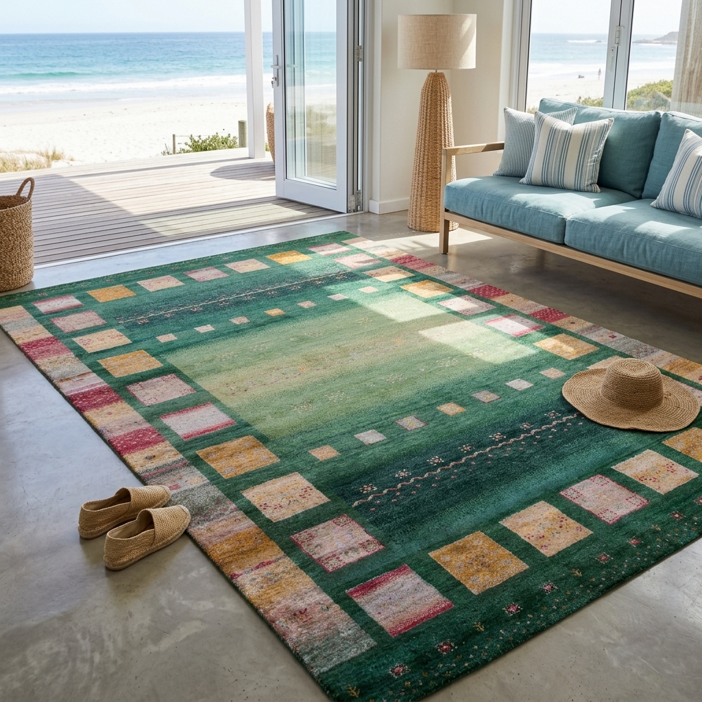 Handgeknüpfter Teppich aus Indien Lori MC10-S grün Patchwork Muster aus Schurwolle 358 x 247 cm