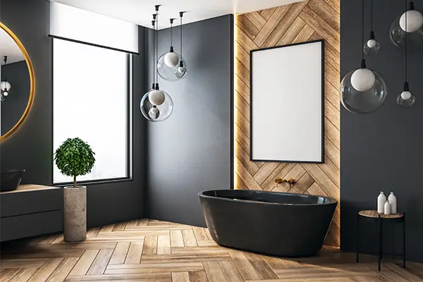 Modernes Badezimmer in Holz- und Betonoptik, ausgestattet mit wasserfestem Vinylboden.