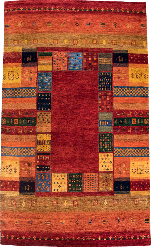 Original Handgeknüpfter Teppich aus Indien Lori MC21 rot Patchwork Muster aus Schurwolle