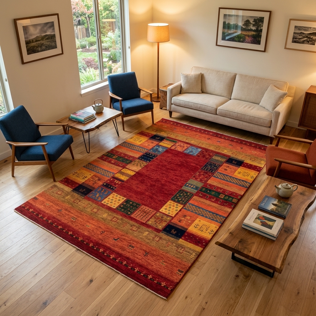 Original Handgeknüpfter Teppich aus Indien Lori MC21 rot Patchwork Muster aus Schurwolle