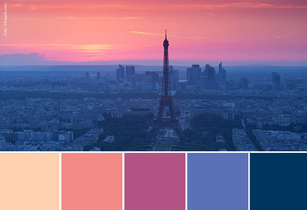 Skyline von Paris bei Sonnenaufgang, darunter eine grobe Auflistung der vorkommenden Farben.