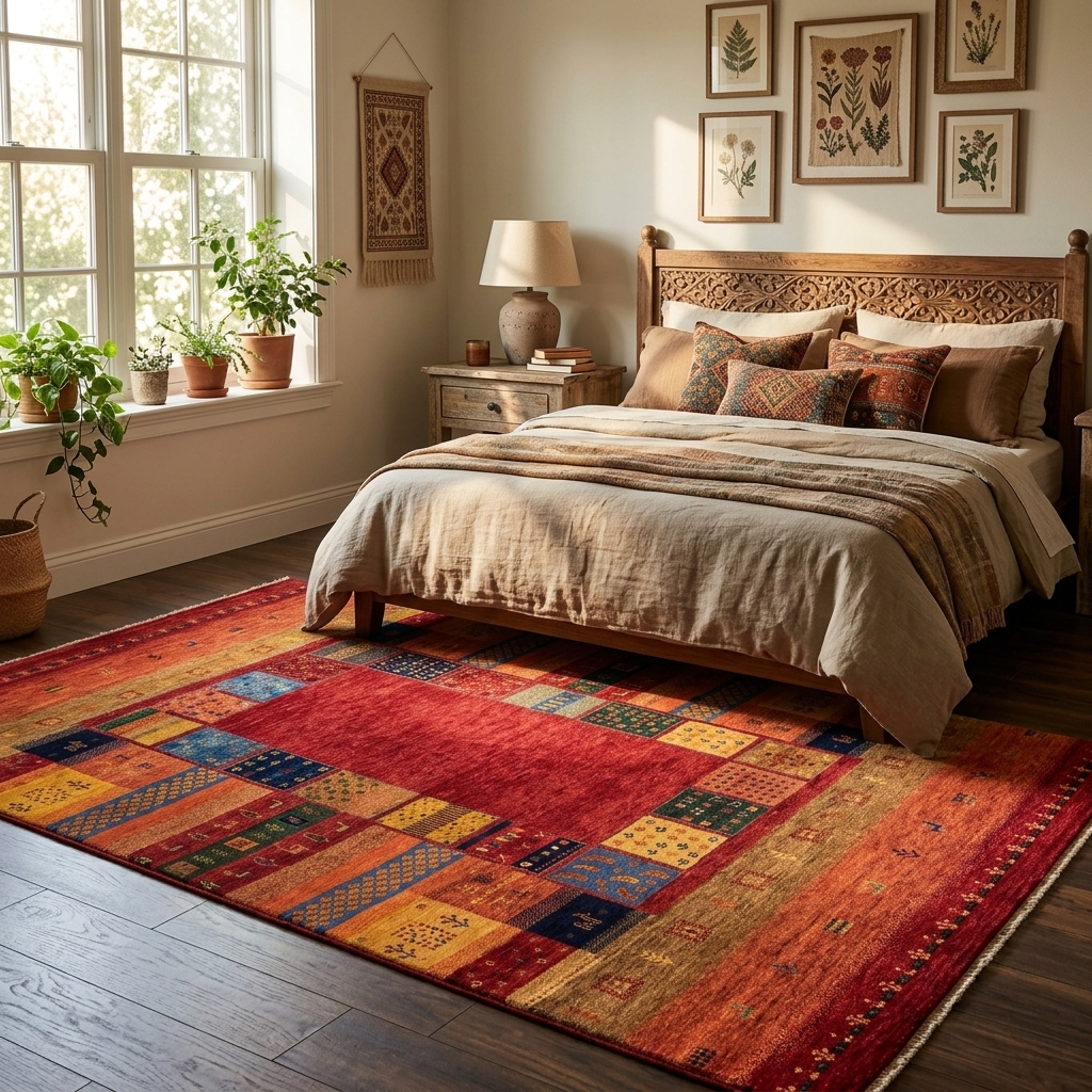 Original Handgeknüpfter Teppich aus Indien Lori MC21 rot Patchwork Muster aus Schurwolle