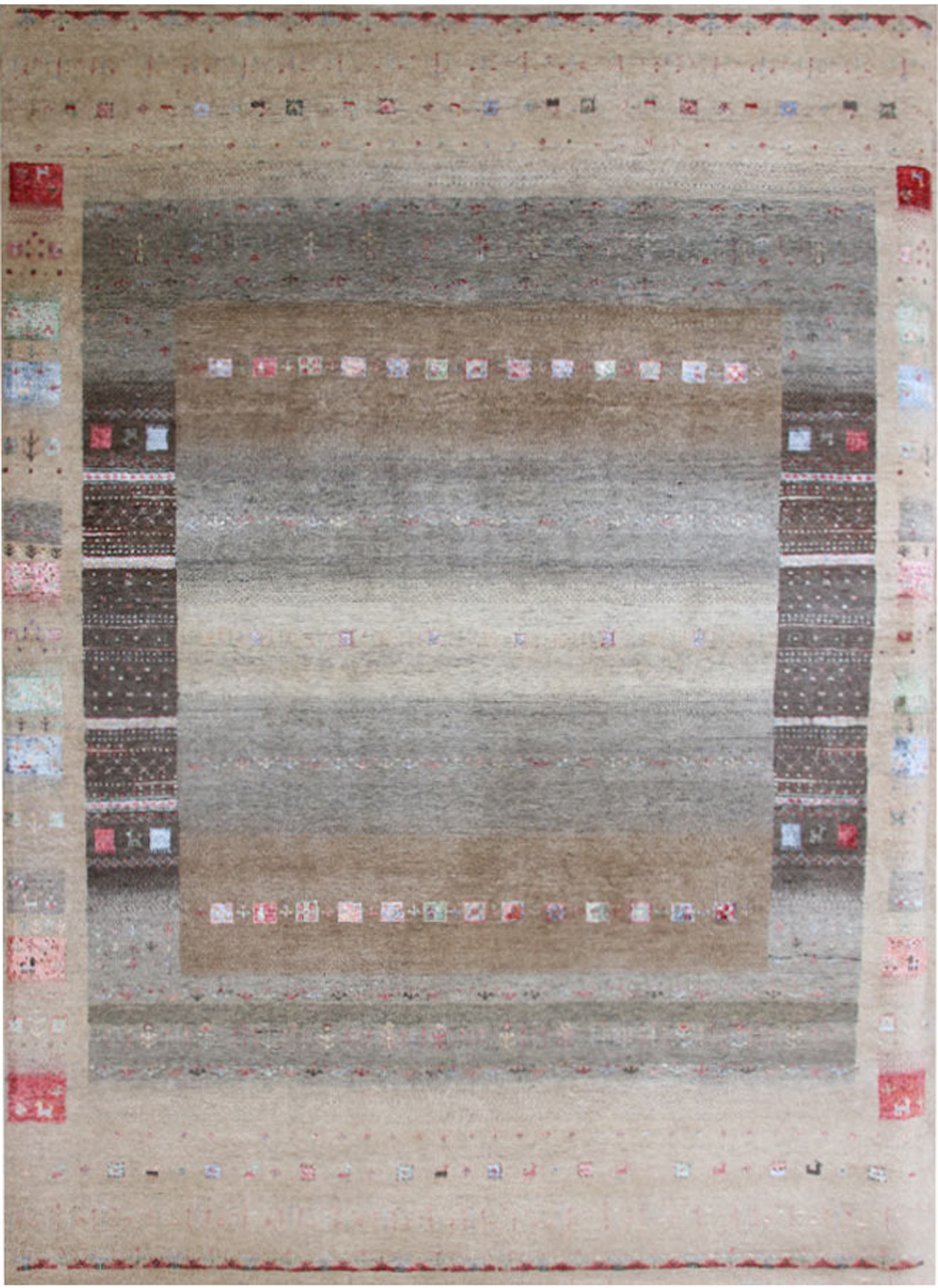 Original Handgeknüpfter Teppich aus Indien Lori LR08 beige Patchwork Muster aus Schurwolle