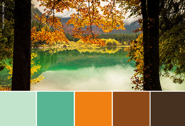 Blick auf einen See durch einen  Herbstwald, darunter eine grobe Auflistung der vorkommenden Farben.