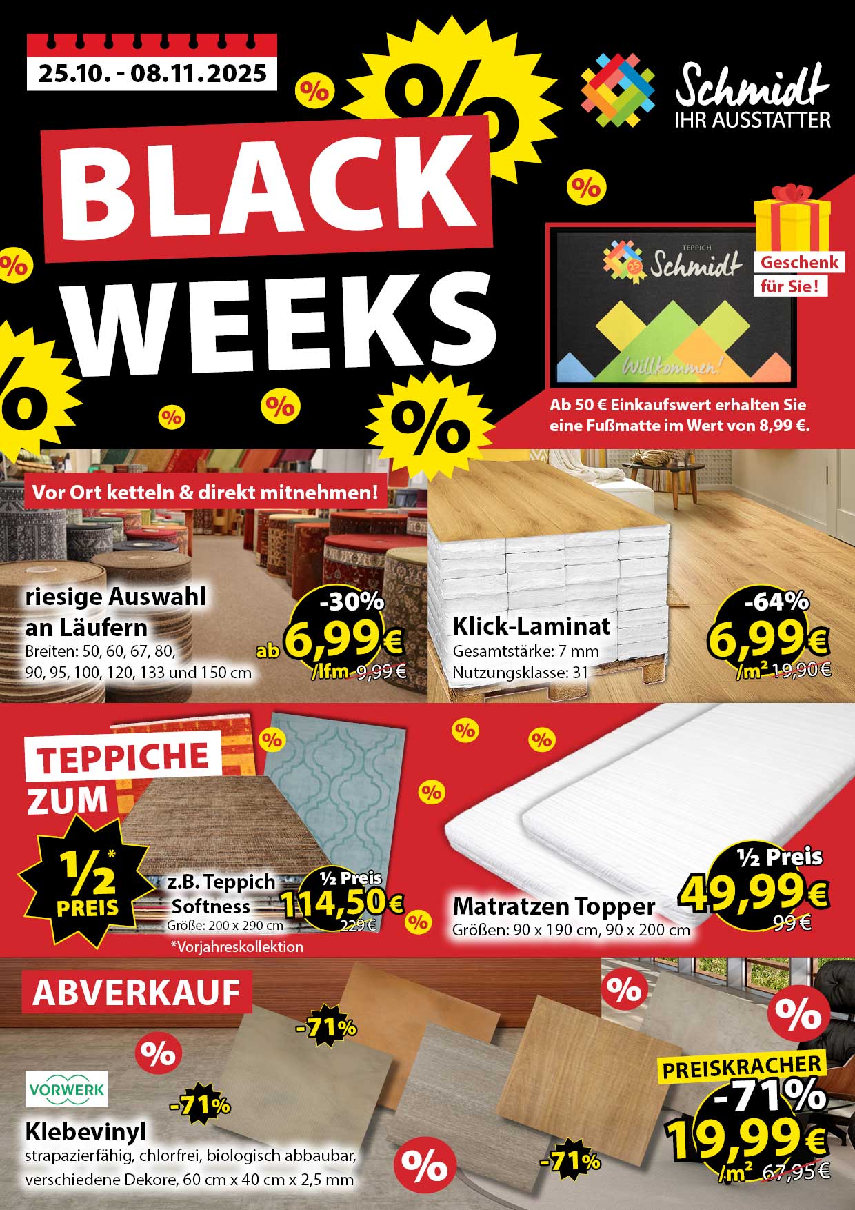 Werbeprospekt von „Schmidt Ihr Ausstatter“ zu den „Black Weeks“ vom 25.10. bis 08.11.2025.