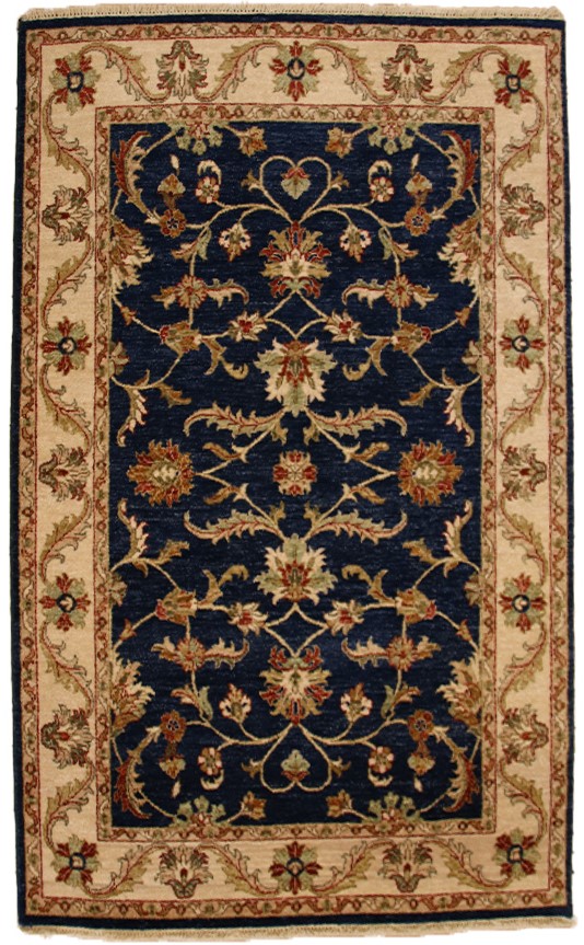 Original Handgeknüpfter Teppich Indien Bhadohi Ziegler blau beige 125 x 180 cm