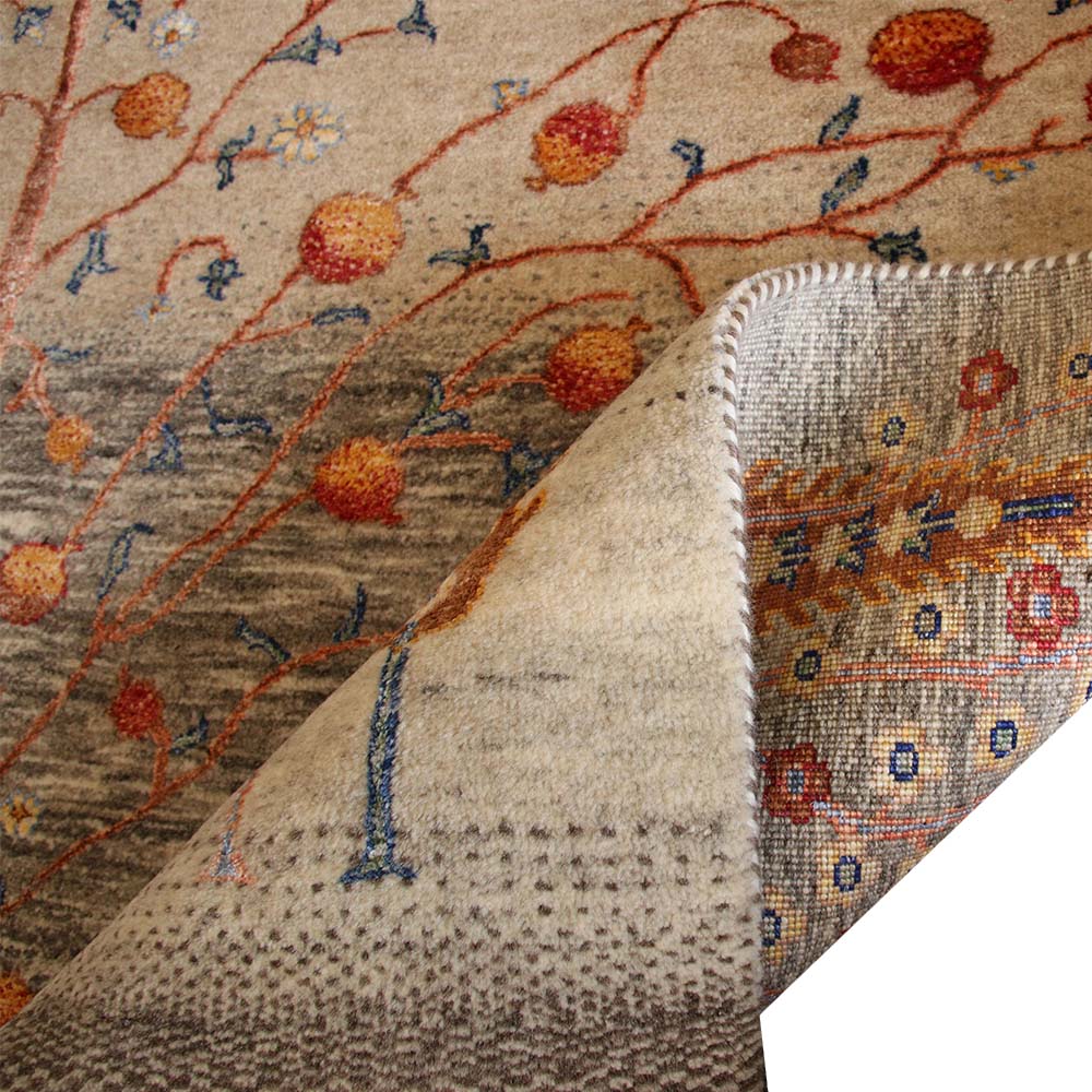 Original Handgeknüpfter Teppich aus Indien Lori MC24-S beige/grau Bäume aus Schurwolle