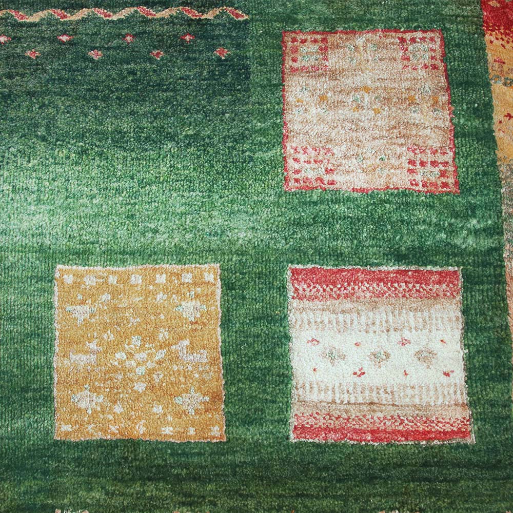 Handgeknüpfter Teppich aus Indien Lori MC10-S grün Patchwork Muster aus Schurwolle
