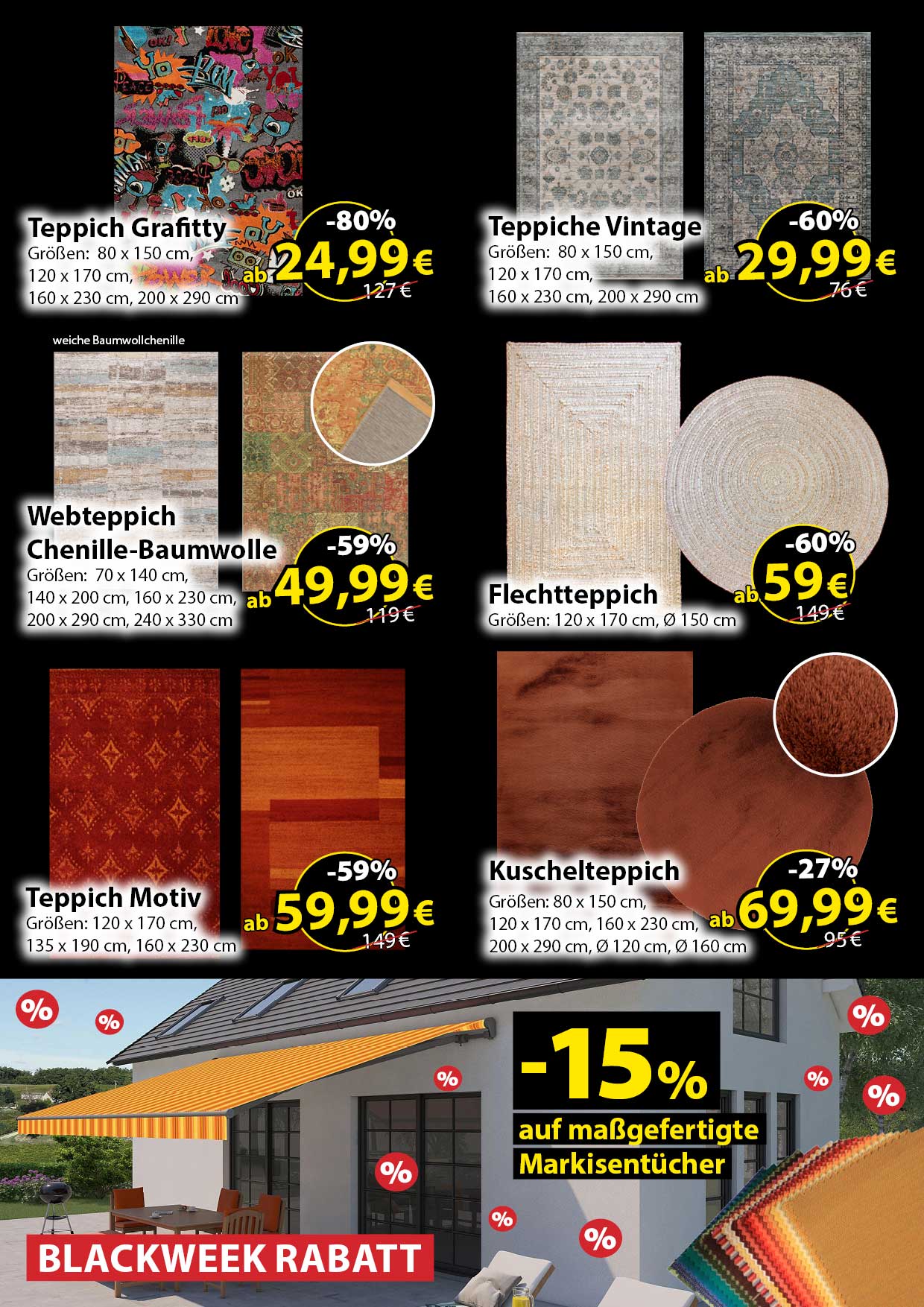 Werbeprospekt von „Schmidt Ihr Ausstatter“ zu den „Black Weeks“.  Verschiedene Teppiche sind reduziert.