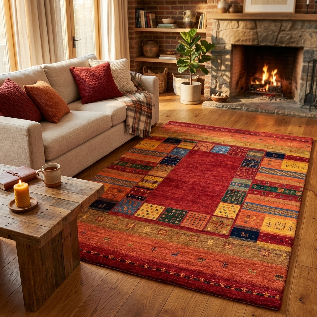 Original Handgeknüpfter Teppich aus Indien Lori MC21 rot Patchwork Muster aus Schurwolle